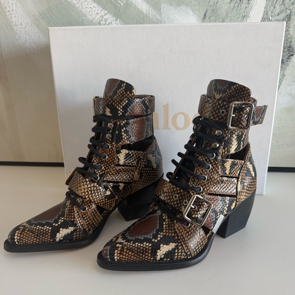 Chloe Shoes - Chloe Brown Snake Print Cut Out Boots